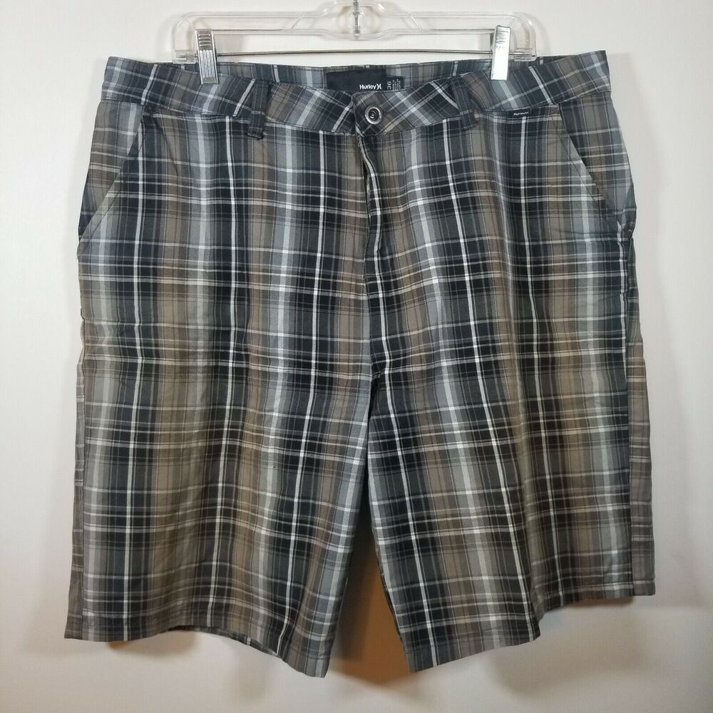 Hurley Mens 36 Grey Black Brown Plaid Flat Front Casual Shorts